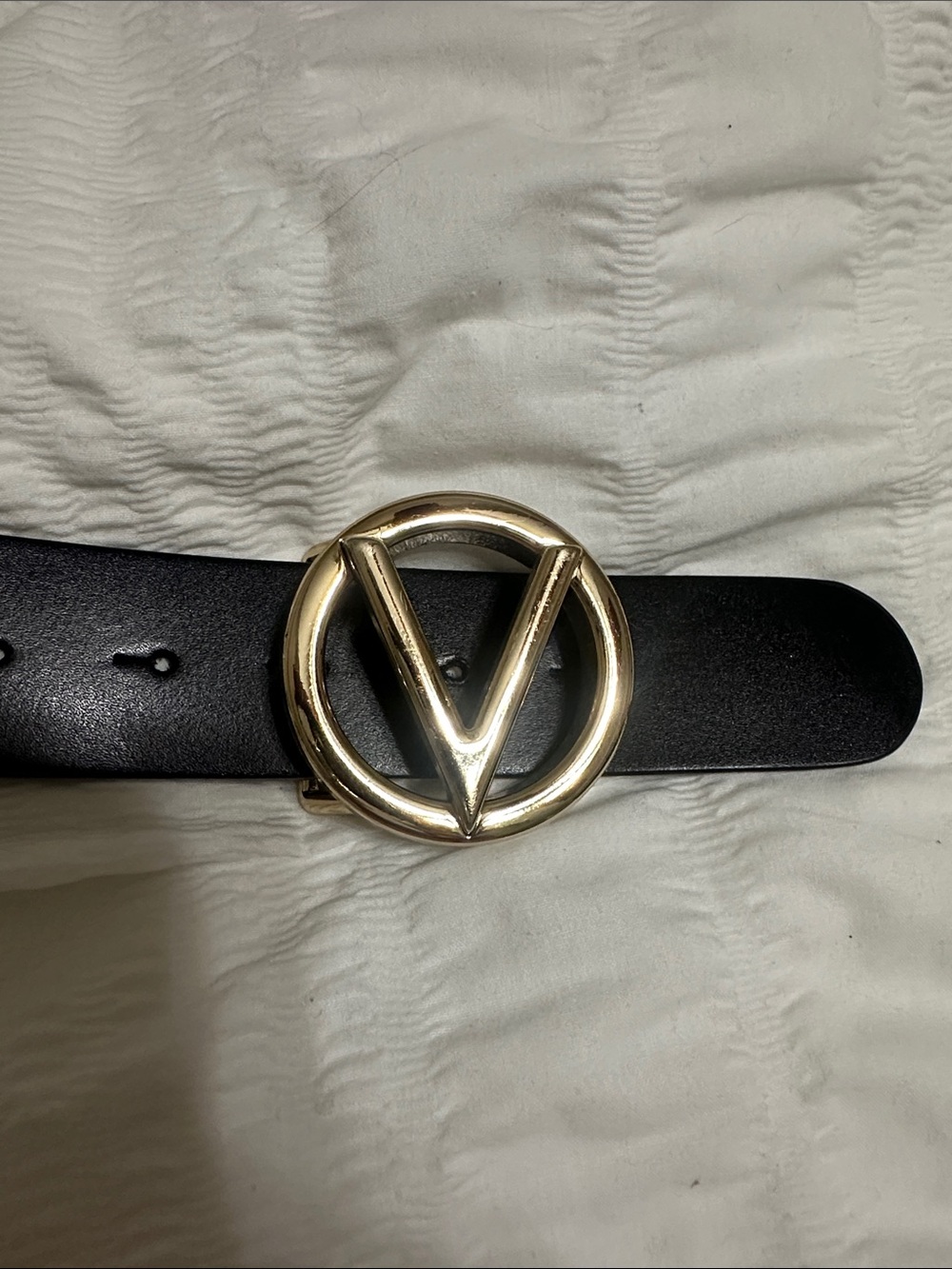 Valentino Gold V Circle V Buckle Black Leather Belt